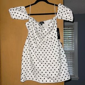 Lulus Black & White Polka Dot Off the Shoulder Mini Dress